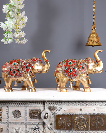 Brass Maharaja Elephant Pair – Rajasthani Meenakari & Stone Work Royal Décor Set (12.5 Inches)