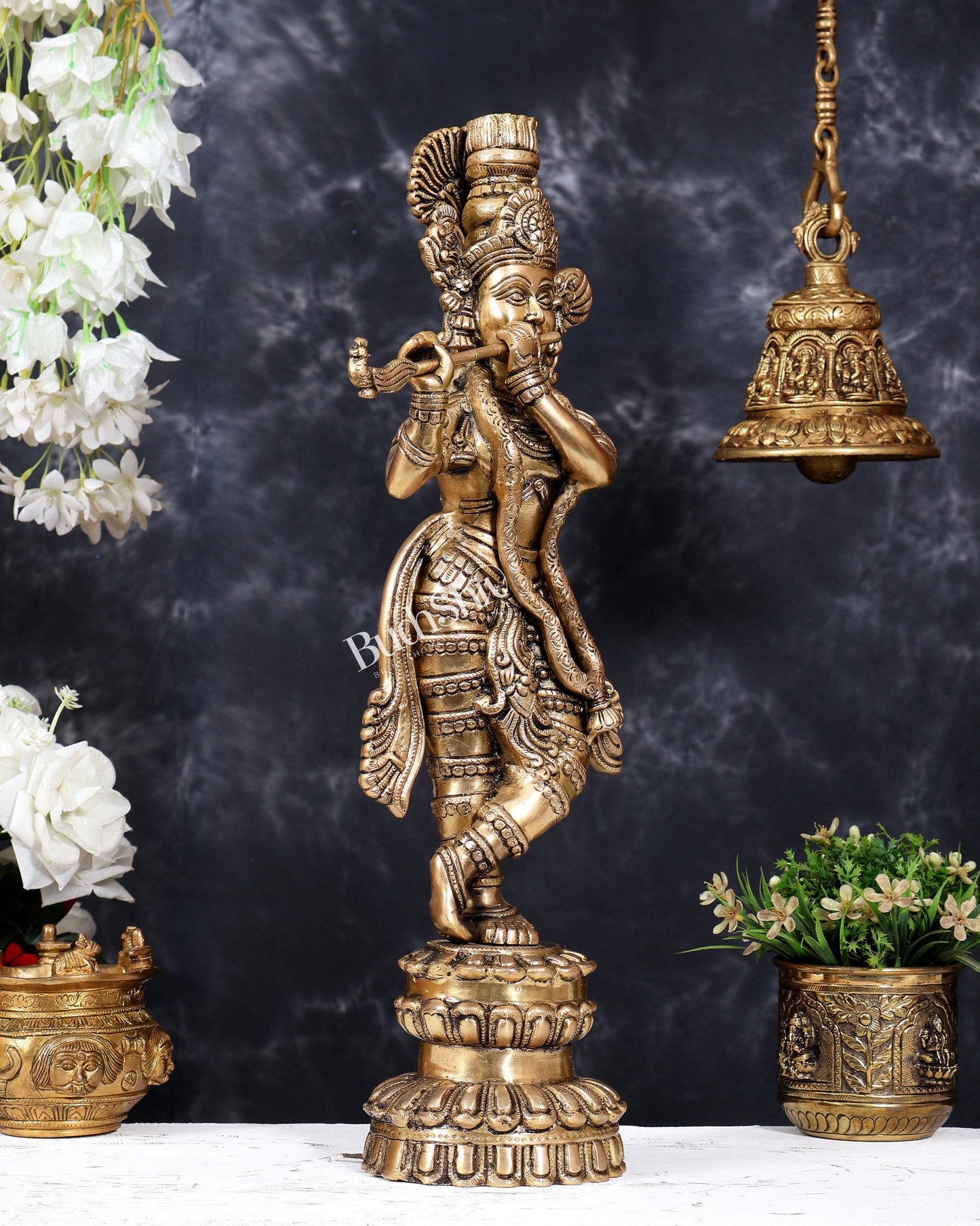 Brass Krishna Statue Unique Design | Pure Brass Lord Krishna Sculpture 20 inch matte finish
