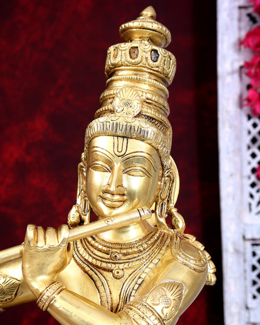 Brass Krishna with cow sleek and simple Sculpture 27 inch
