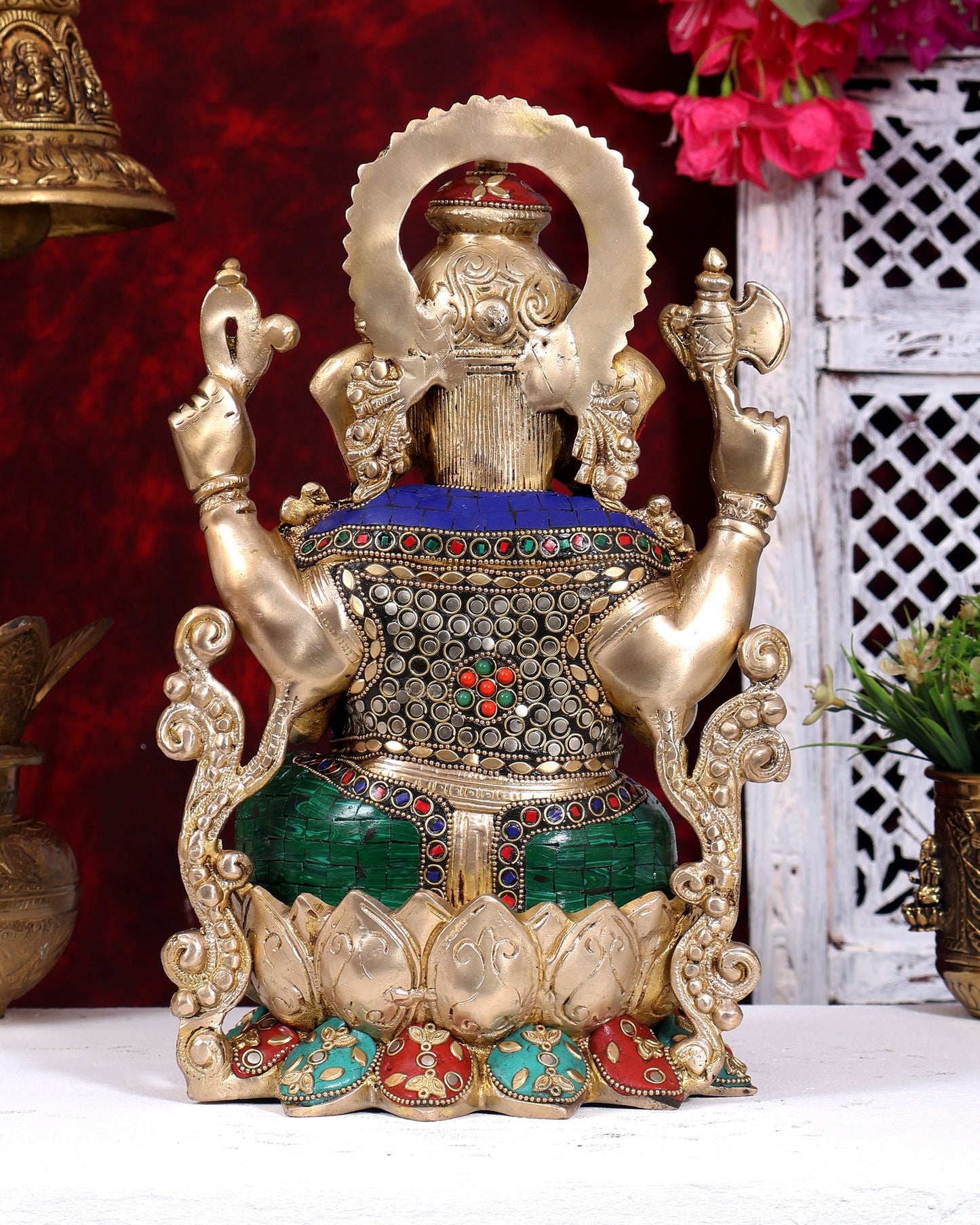 Kamalasana Ganesha Brass idol with stonework 12 inch Ganpati on lotus base