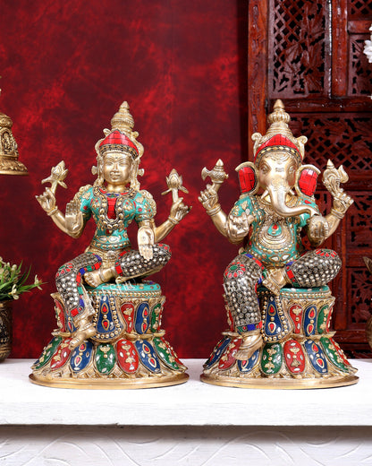 Pure Brass Ganesh Lakshmi on Lotus Idols with stonework 15 inch