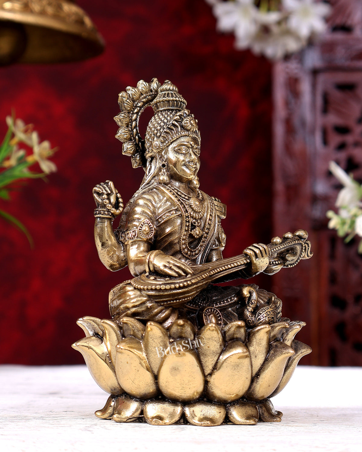 Brass Superfine Saraswati Idol Cross-Legged on Lotus Base 5 inch