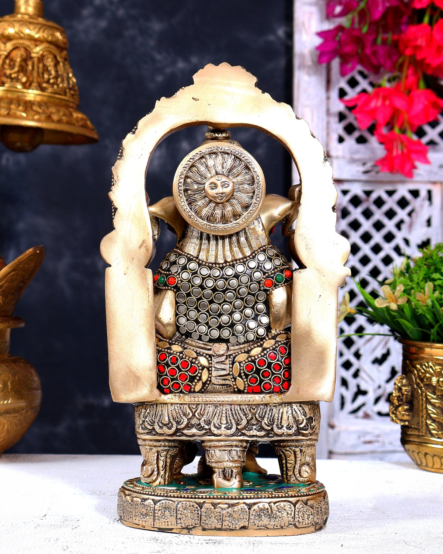 Pure Brass Lord Ganesha Seated on a Throne Statue 10" with stonework