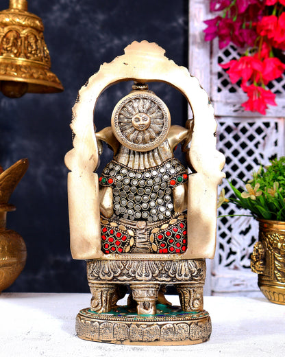 Pure Brass Lord Ganesha Seated on a Throne Statue 10" with stonework