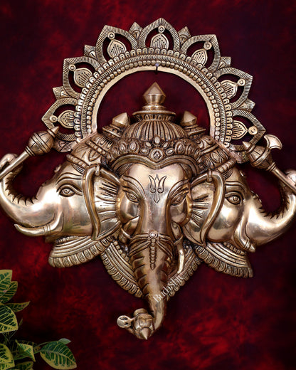 Pure Brass Ganesha wall hanging Trimukhi Ganapati 17.5 inch