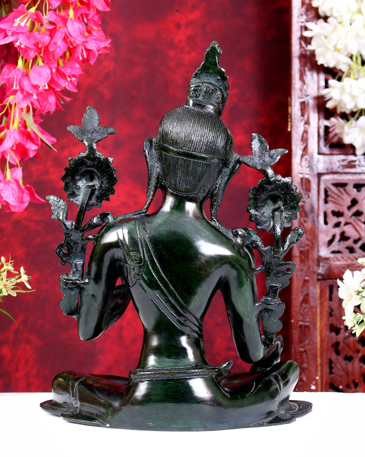 Large Pure Brass Green Tara Idol 13" agate green stone finish