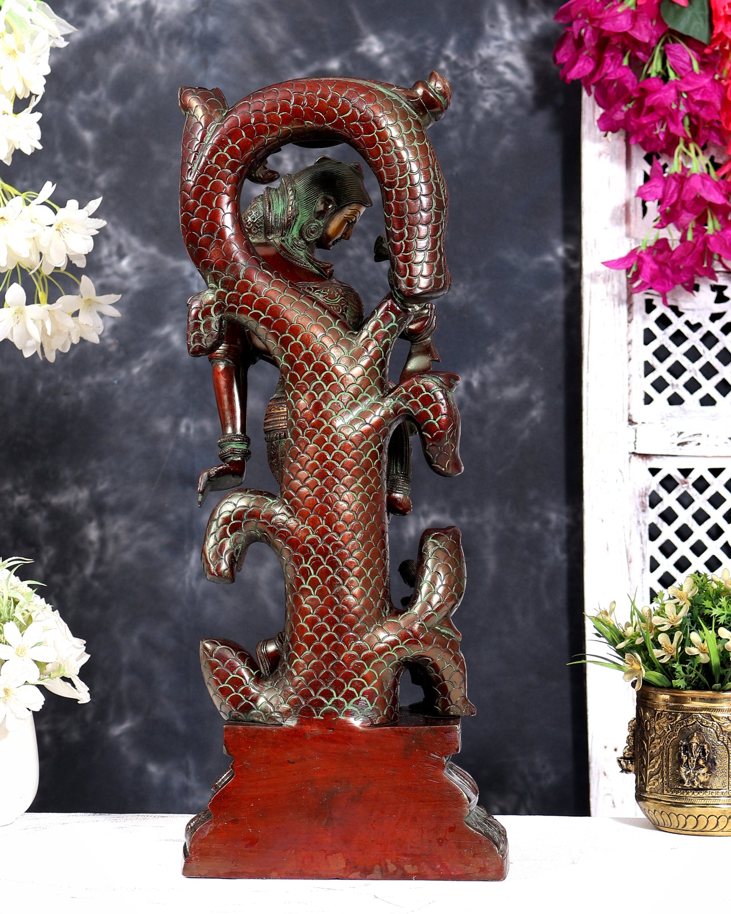 Vintage Brass Apsara Holding Parrot with Attendant statue 18 inch