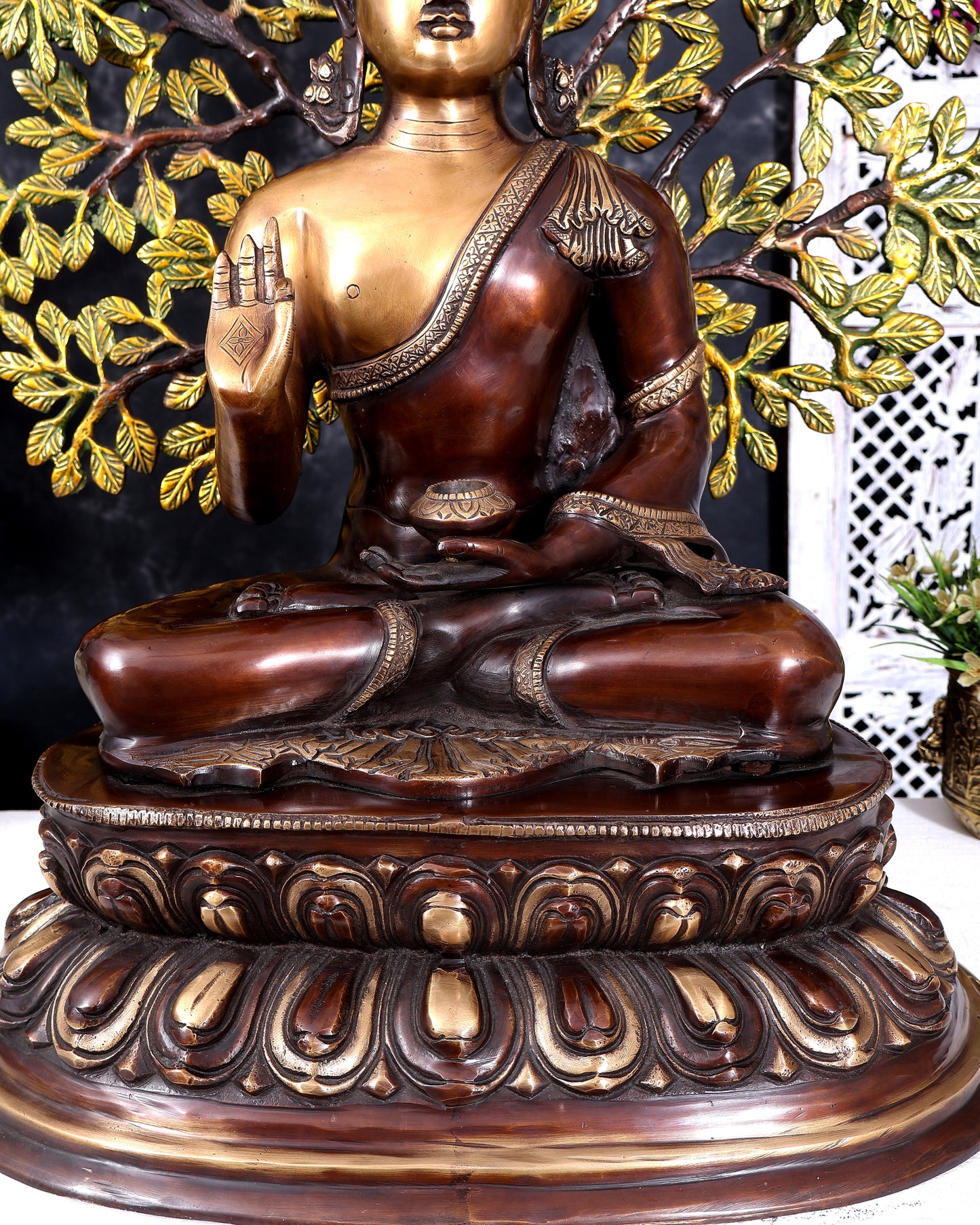 Brass Buddha with Kalpavriksha Tree — Three-Tone Heat-Treated Finish 26 inch