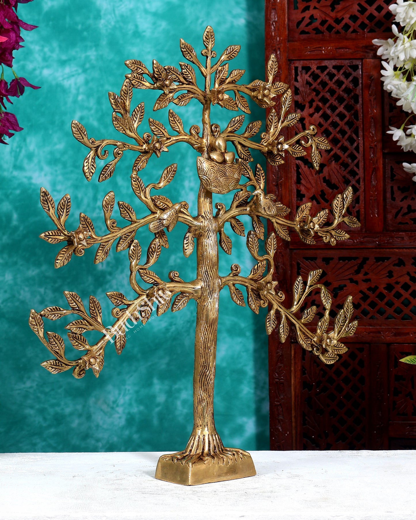 Brass Kalpavriksha Table Standing Tree with Birds & Nest 21 inch