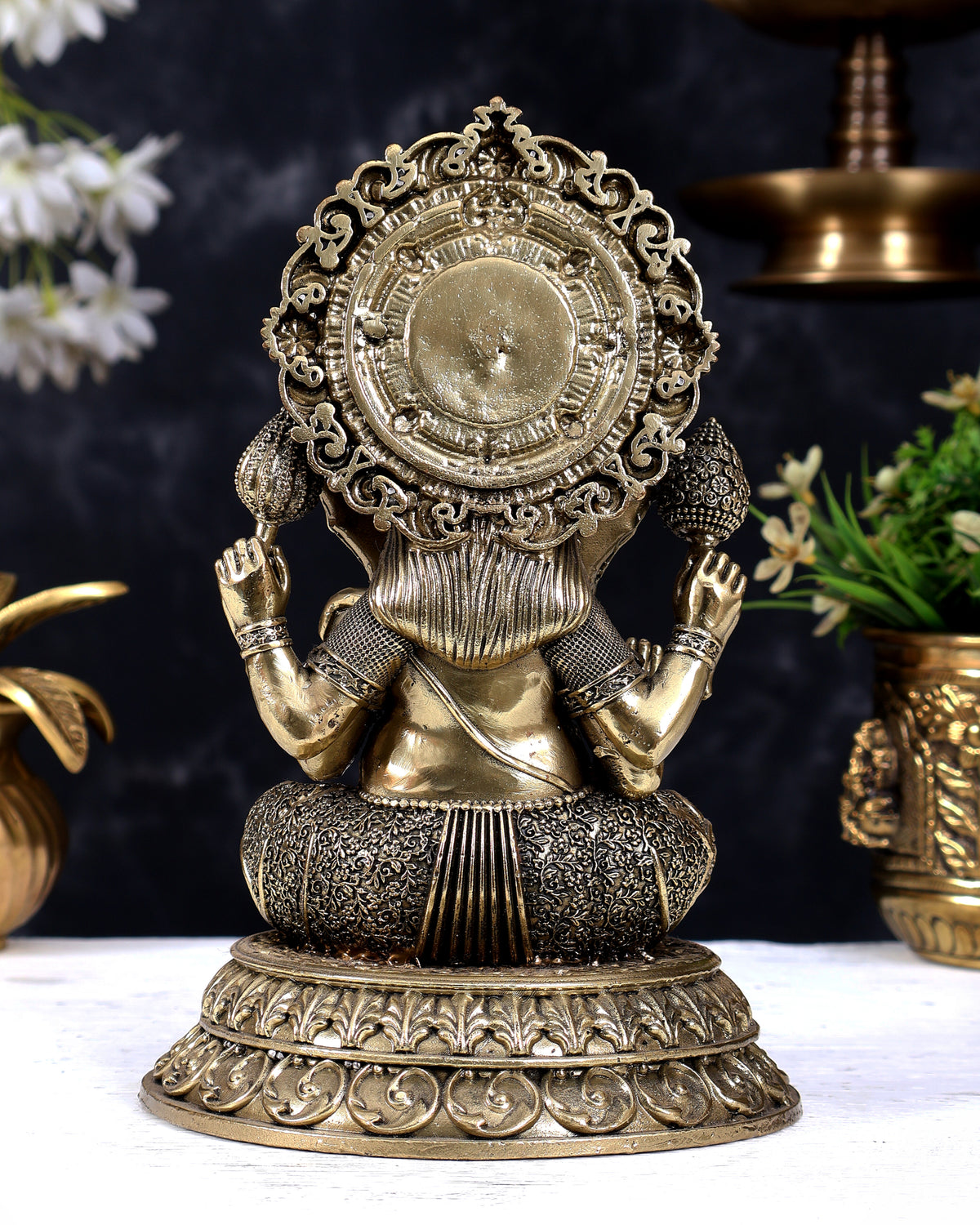 Brass Superfine Cross-Legged Ganesha Statue with Aureole 8 inch