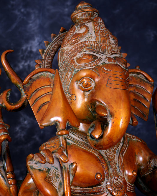 Brass Large Warrior Ganapati Sculpture — Antique Tone 28.5 inch