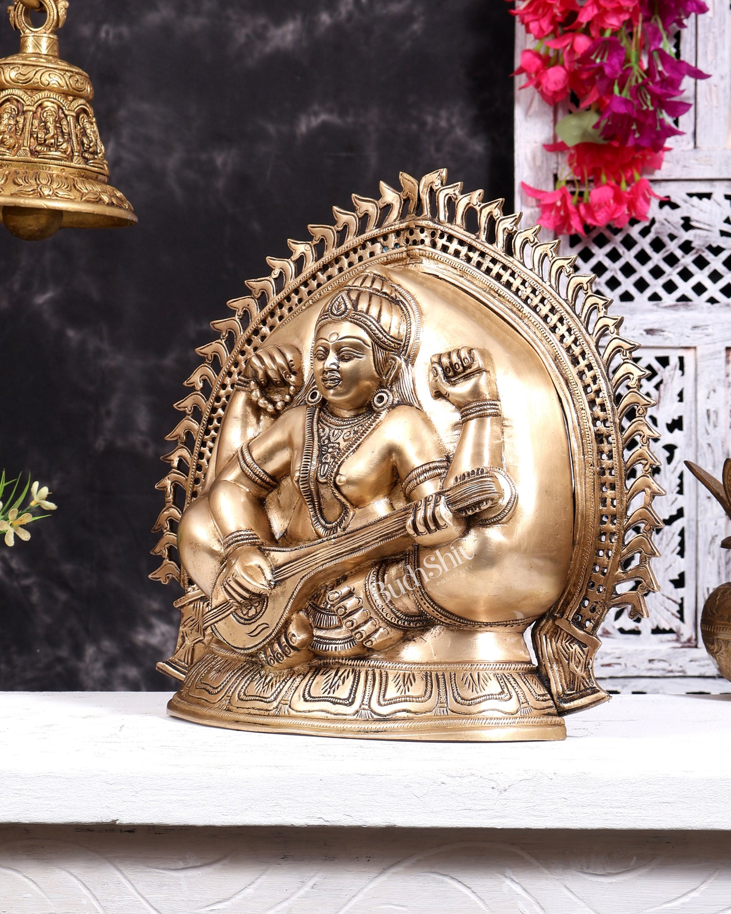 Brass Goddess Saraswati Pindi Roopam Wall Hanging 12 inch