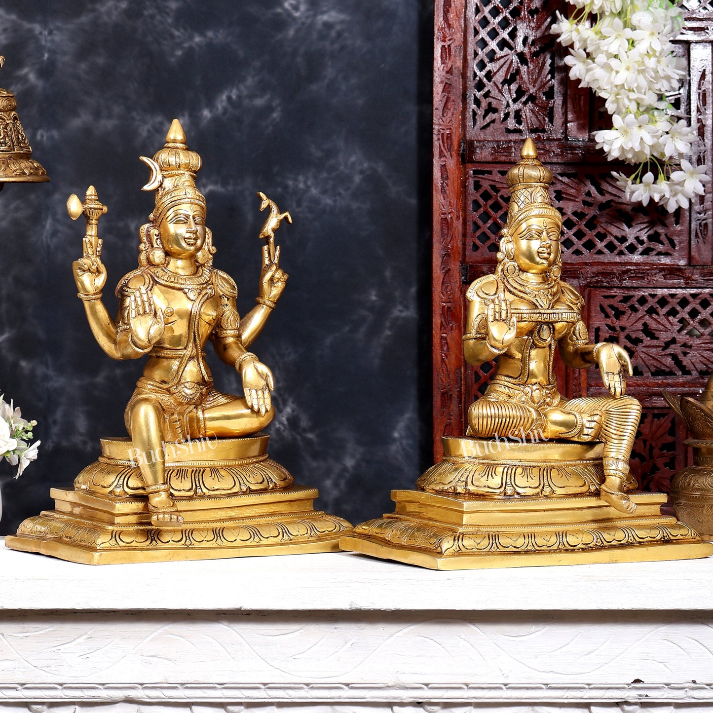 Brass Shiva & Parvati Sitting Statue | Uma Maheshwara 16.5 inch