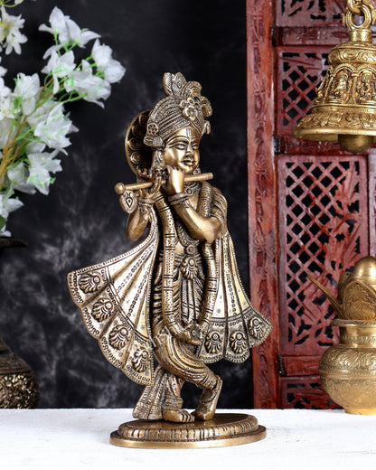 Antique Brass Lord Krishna Statue – Handcrafted Divine Sculpture 14.5 inch