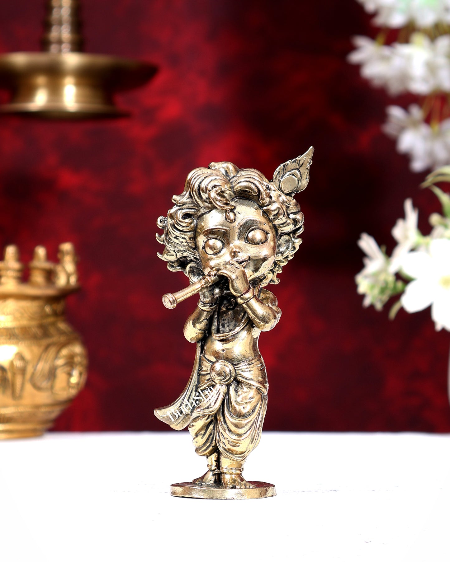 Unique Brass Superfine Baby Krishna Playing Flute — Perfect Gift 5 inch