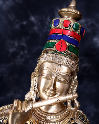 Brass Krishna Statue with Rings and Stonework 23 inch