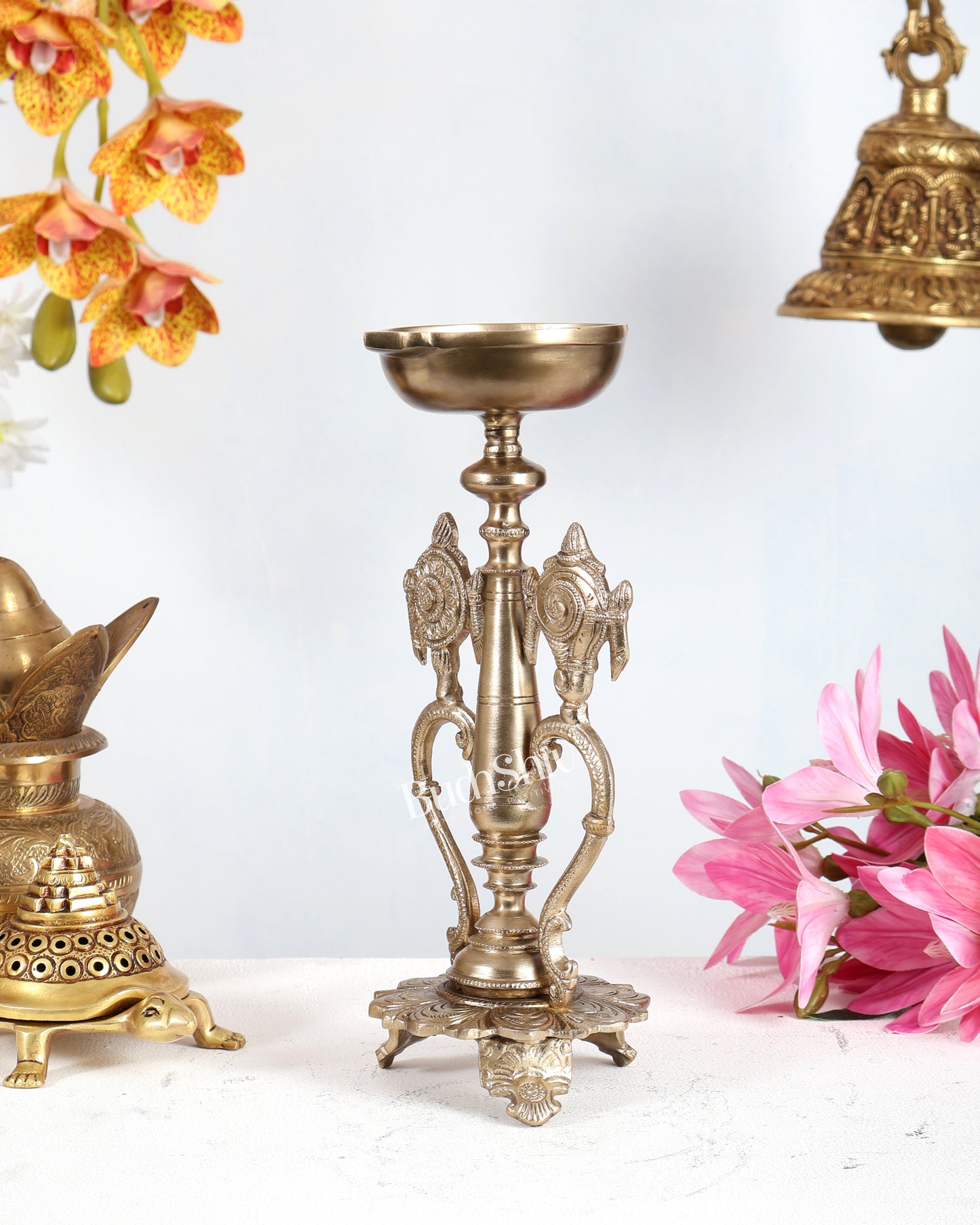 Bronze Shankh Chakra Design Oil Lamp Diya – Unique Traditional Deepam 12.5 inch