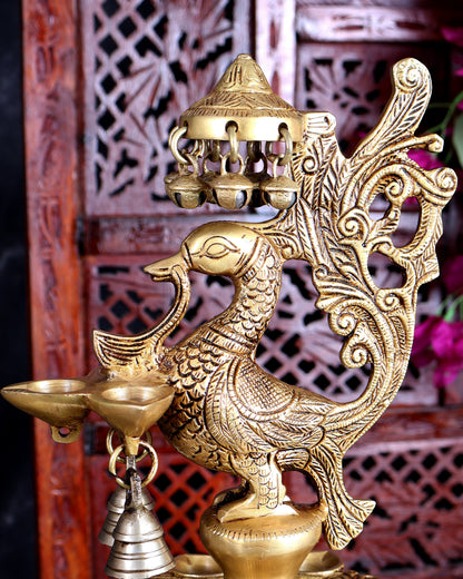 Brass Peacock Oil Lamp with Bells & Multiple Diyas Pair – Grand Traditional Temple Samai Deepam 34 inch