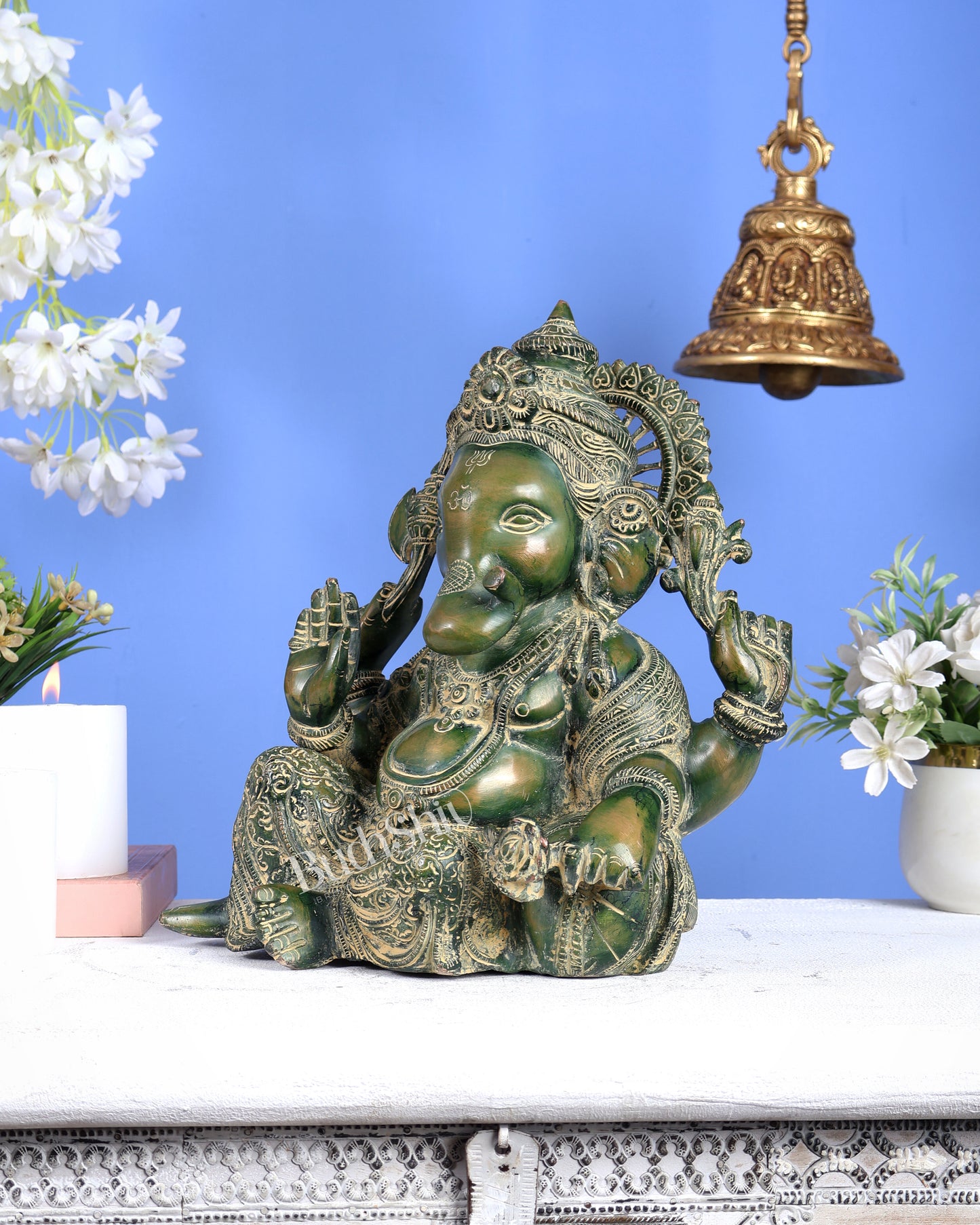 Brass Resting Ganesha Statue – Unique Relaxed Pose Divine Sculpture (11 Inches) green tone
