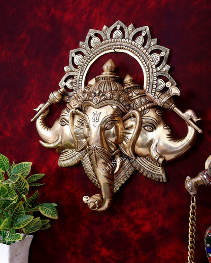 Pure Brass Ganesha wall hanging Trimukhi Ganapati 17.5 inch