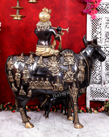 Brass Large Krishna Sitting on Cow Statue — Black and Gold Finish 43 inch tall