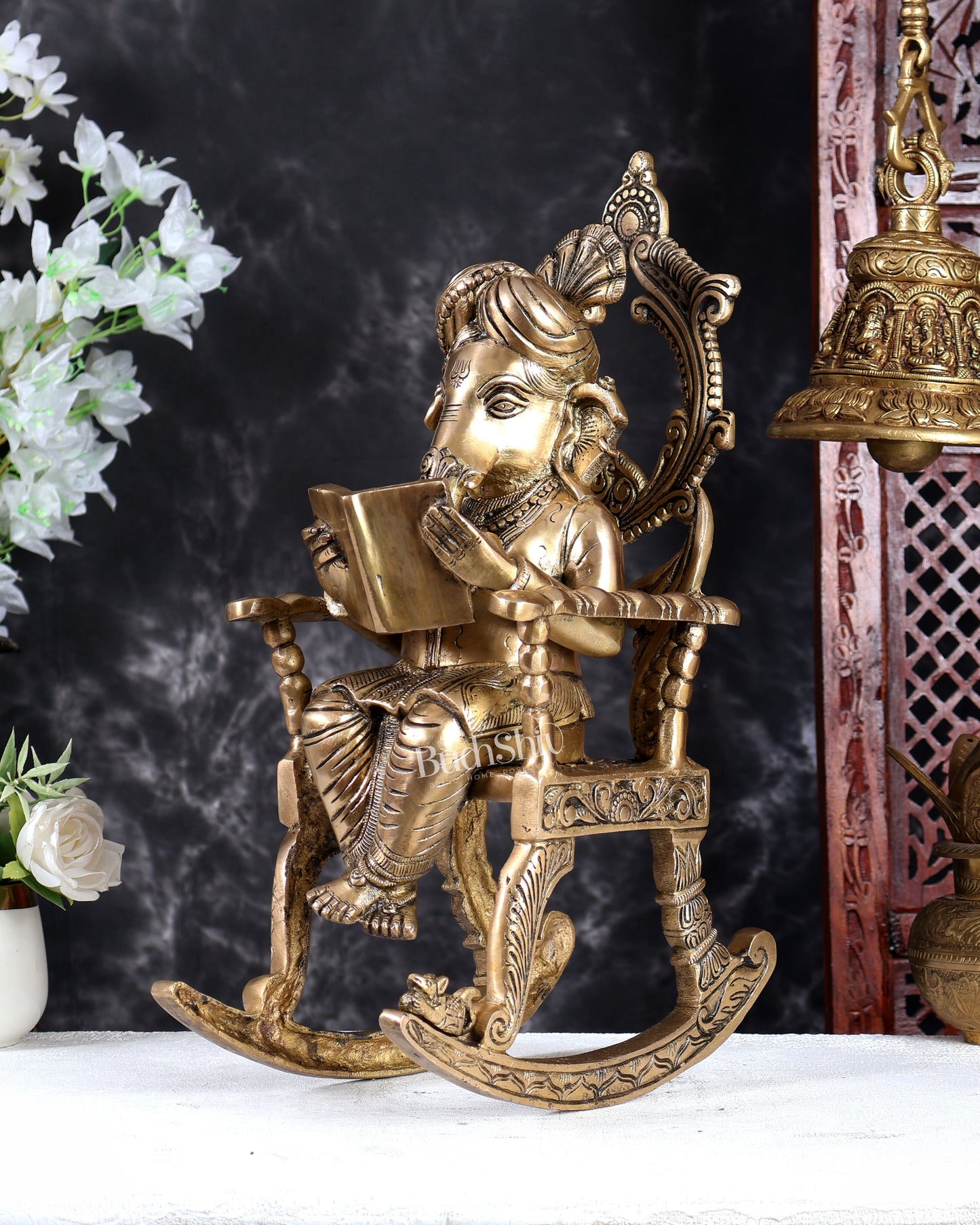 Brass Ganesha on Rocking Chair Reading Book Handcrafted Statue (17.5 Inch)