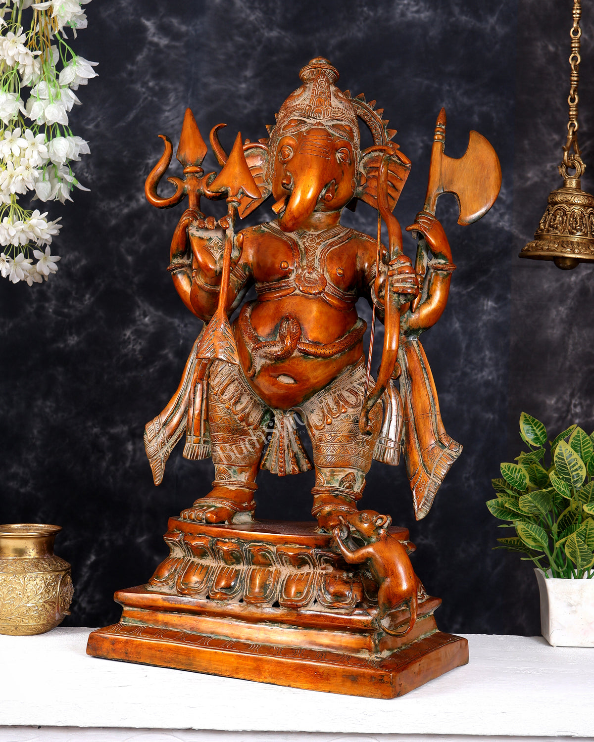 Brass Large Warrior Ganapati Sculpture — Antique Tone 28.5 inch
