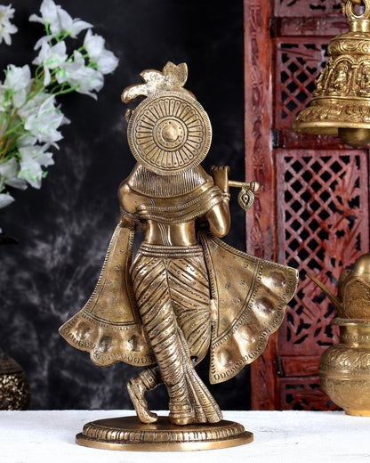 Antique Brass Lord Krishna Statue – Handcrafted Divine Sculpture 14.5 inch
