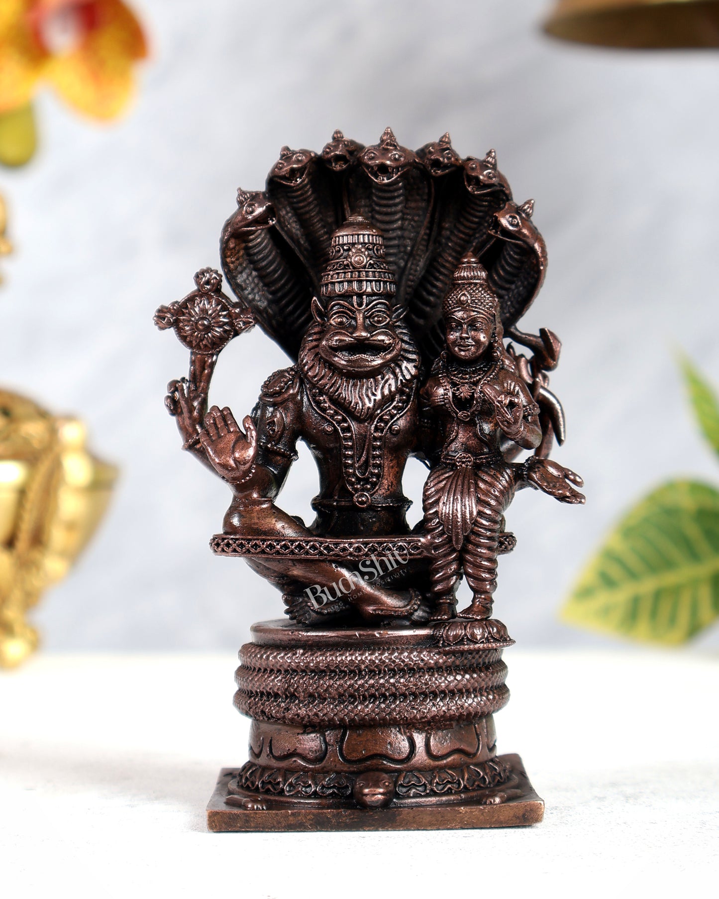 Pure Copper Lakshmi Narasimha Swamy on Kurma & Sheshanaag Peeta – Divine Protection Sculpture (4.5 Inches)