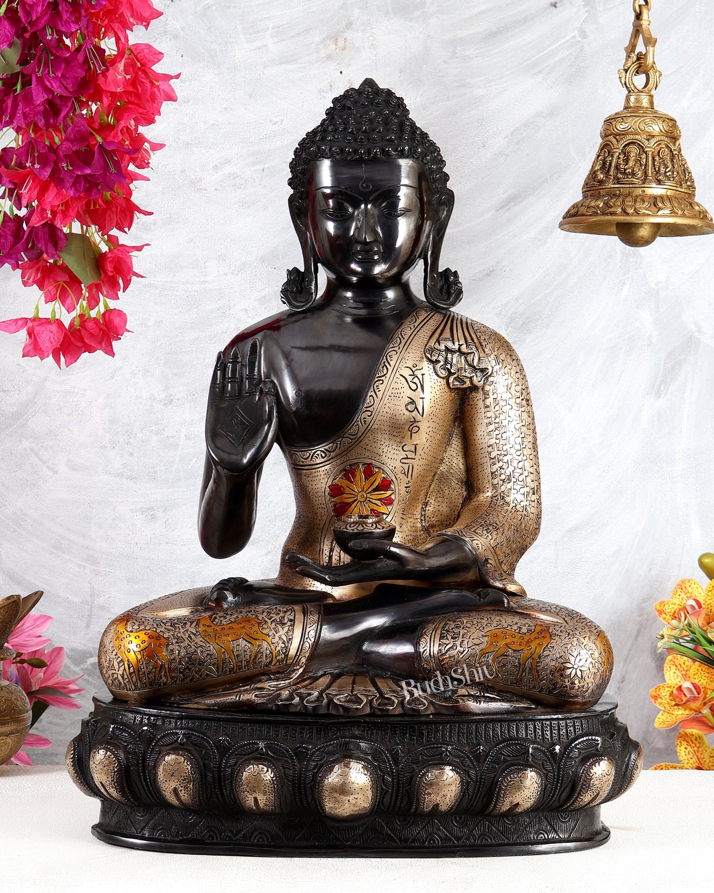 Brass Handcrafted Buddha Statue in Black Tone with Mandala, Mantra & Deer Motifs – Grand Meditation Sculpture (23 Inches)