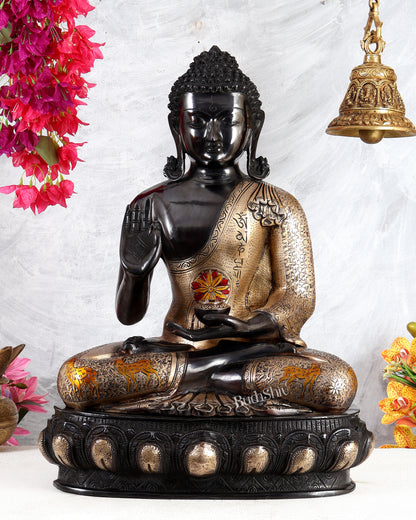 Brass Handcrafted Buddha Statue in Black Tone with Mandala, Mantra & Deer Motifs – Grand Meditation Sculpture (23 Inches)