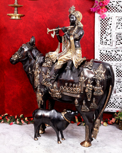 Brass Large Krishna Sitting on Cow Statue — Black and Gold Finish 43 inch tall