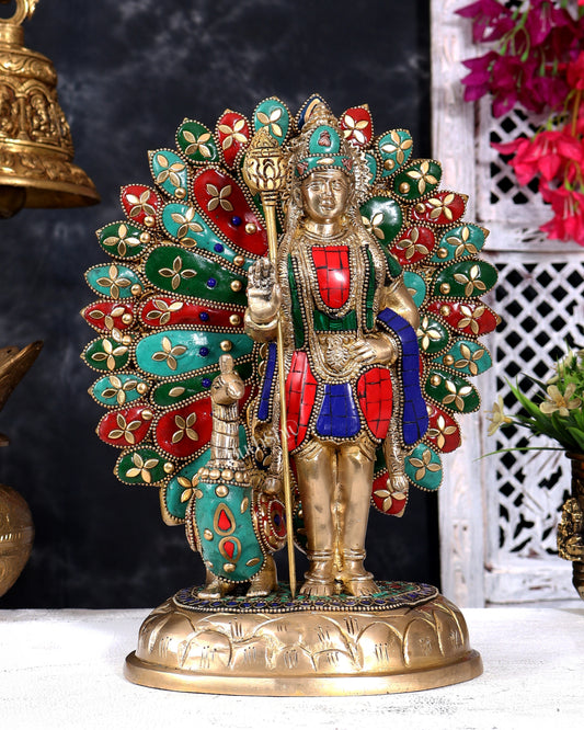 Brass Lord Murugan with Open-Wing Peacock Statue – Handcrafted Divine Idol 9.5 inch with Stonework