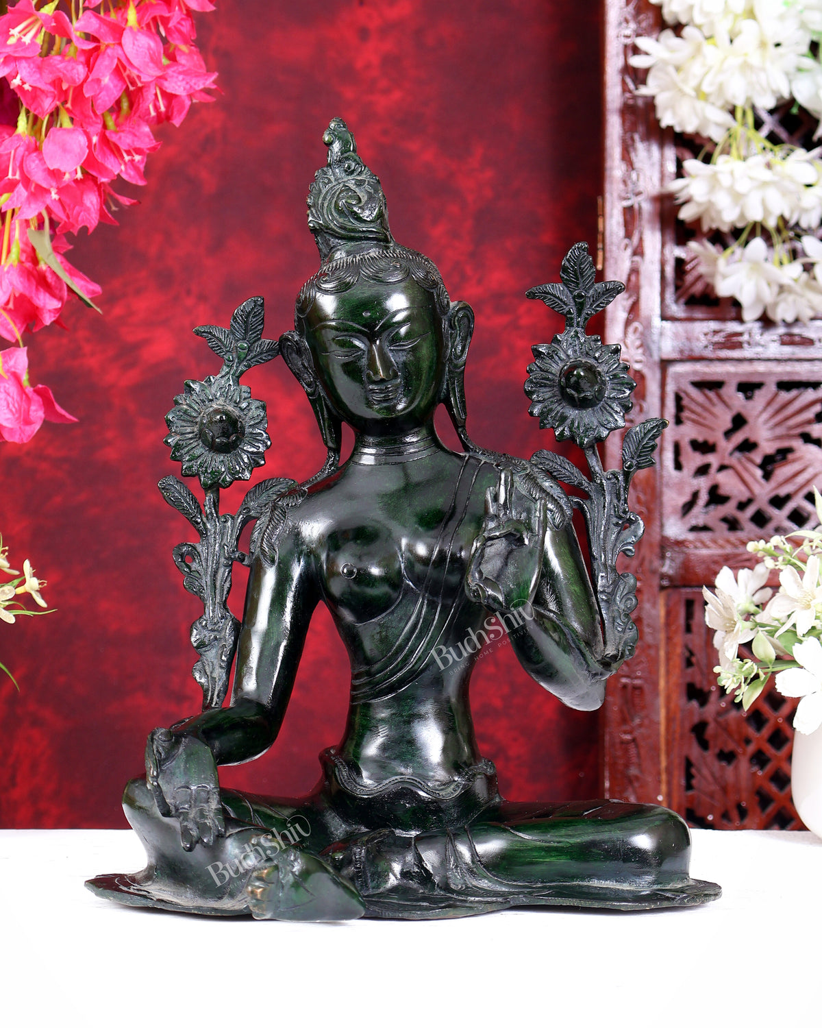 Large Pure Brass Green Tara Idol 13" agate green stone finish