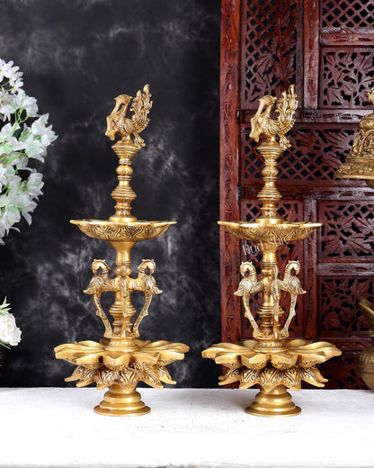 Brass Peacock Samai Oil Lamp Diya Pair – Traditional Multi-Wick Deepam Set 19.5 inch