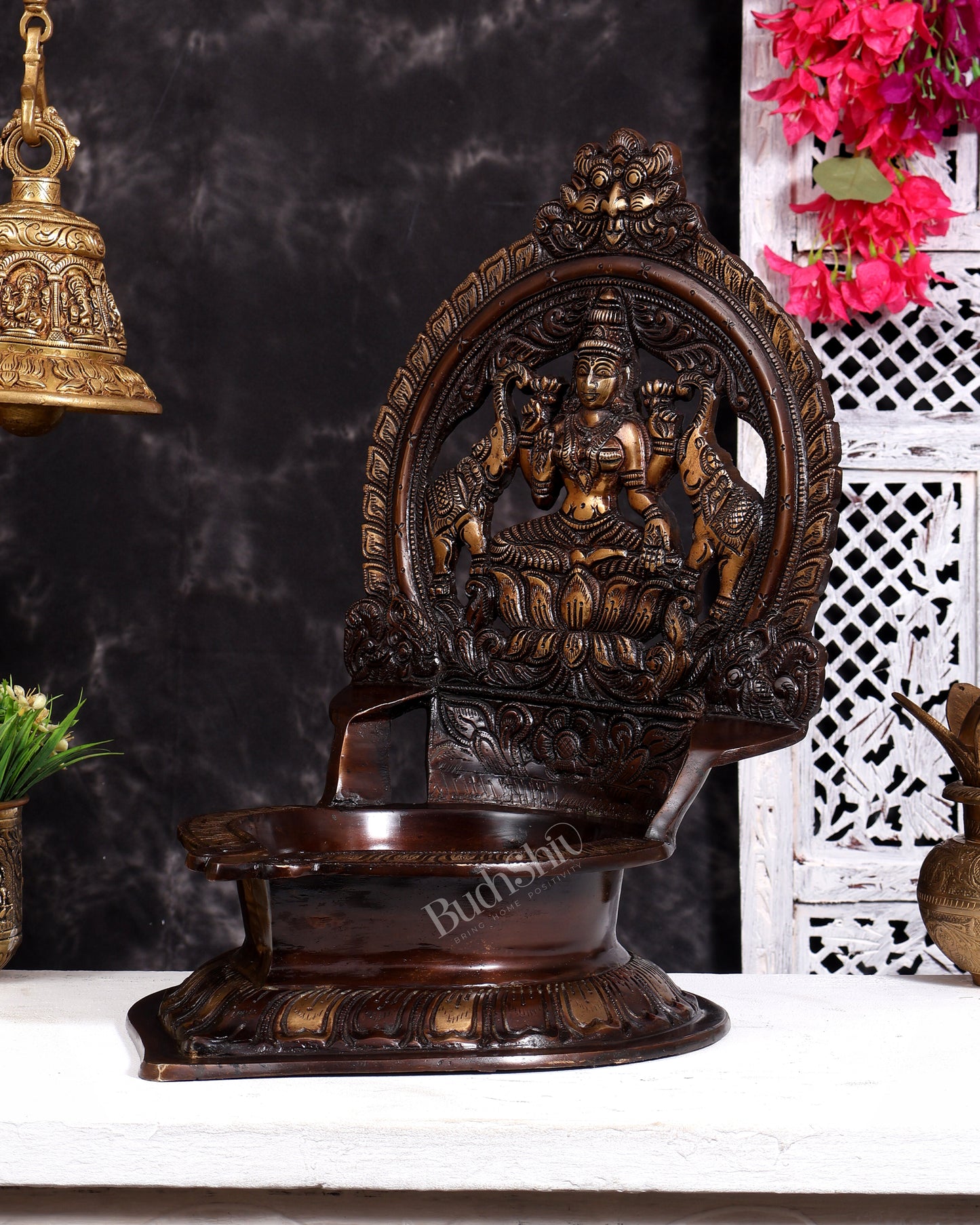 Brass Gajalakshmi oil Lamp large kamatchi vilakku - 17 Inch dual tone