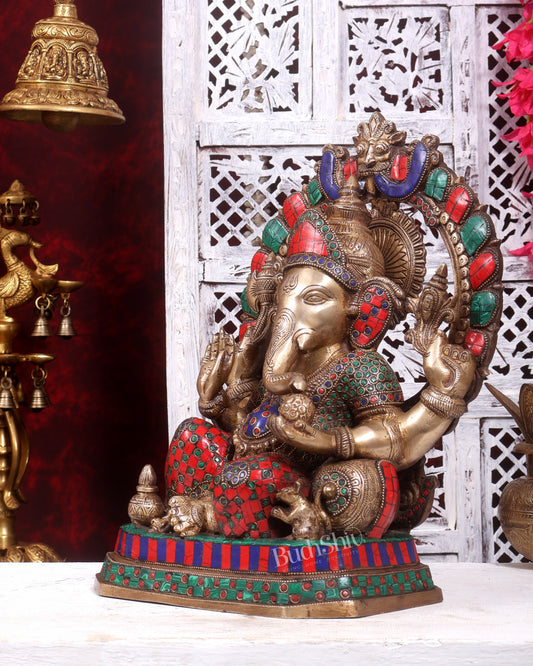 Exquisite Ganesha Brass Statue with Stonework - 14 inch