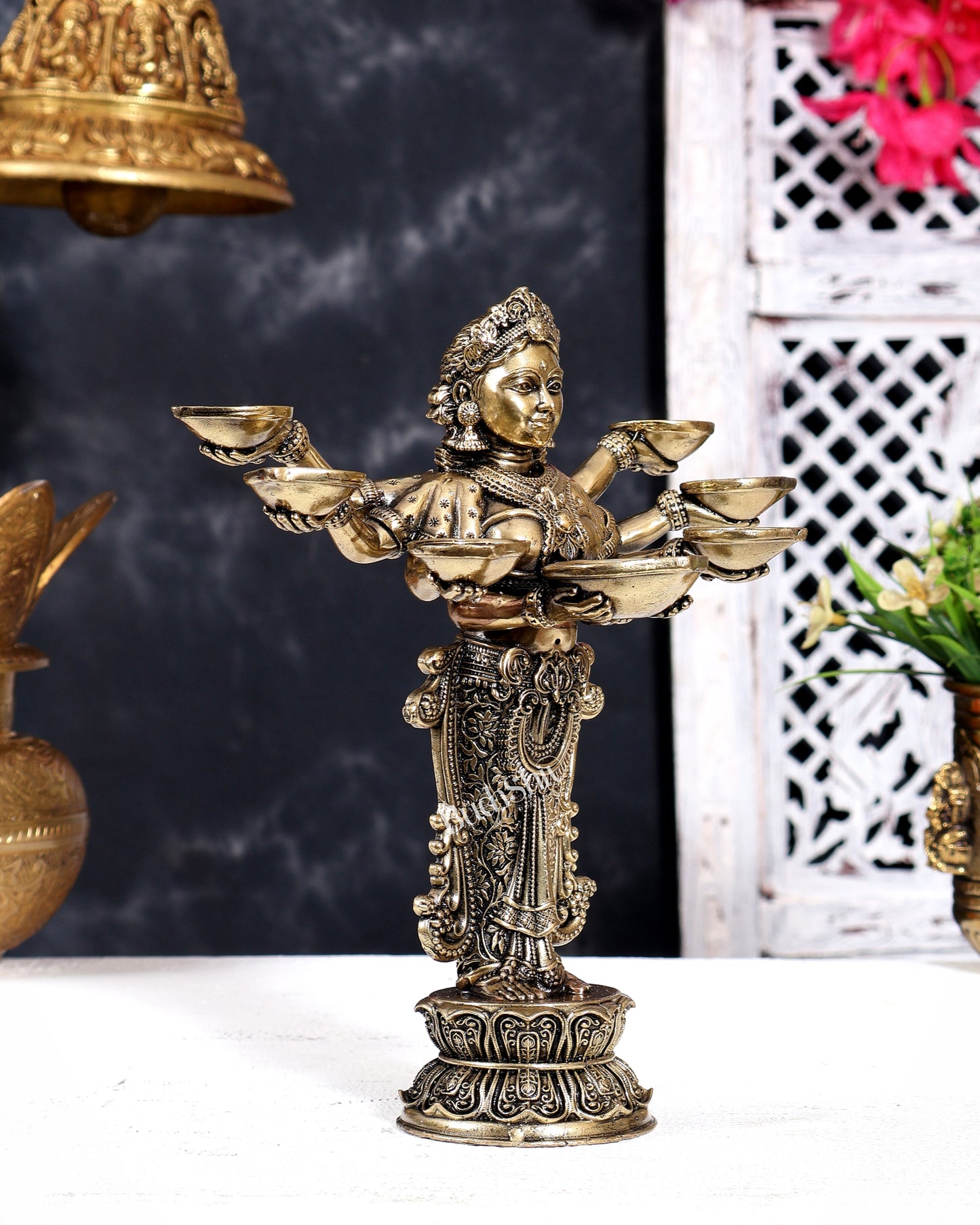Brass Superfine Deep Lakshmi Lady with Multiple Arms Holding Diyas 8.5 inch