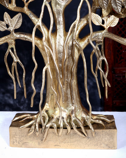 Brass Superfine Large Kalpavriksha Tree Tabletop Artefact | Birds & Hanging Roots 28 inch