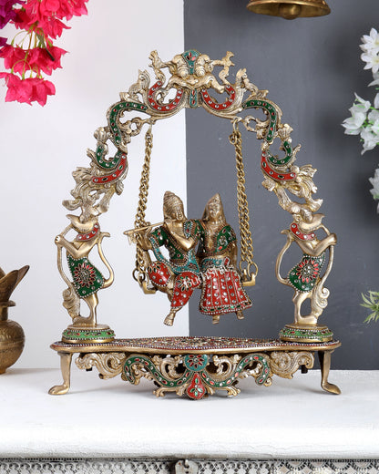 Handcrafted Brass Radha Krishna on Swing idol 18 inch with meenakari Stonework