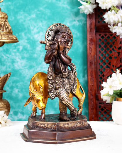 Brass Lord Krishna with Cow statue | 11.5" Height three tone finish