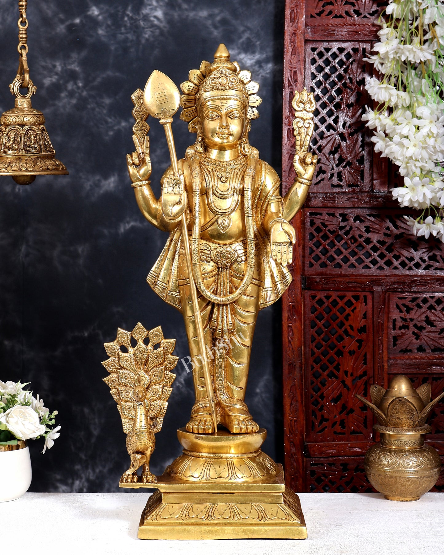 Brass Large Murugan Kartikeya Swamy with Peacock Statue | 25 Inch Pure Brass