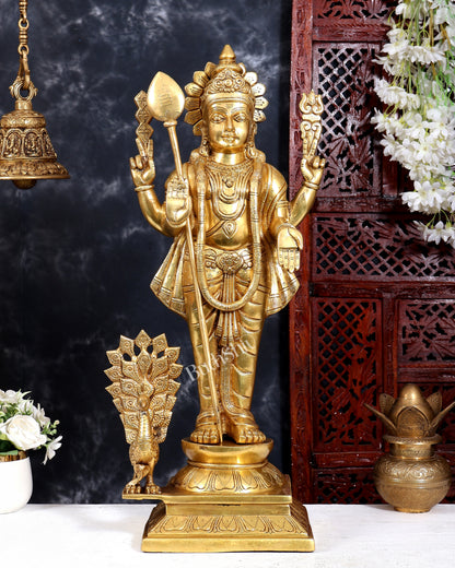 Brass Large Murugan Kartikeya Swamy with Peacock Statue | 25 Inch Pure Brass
