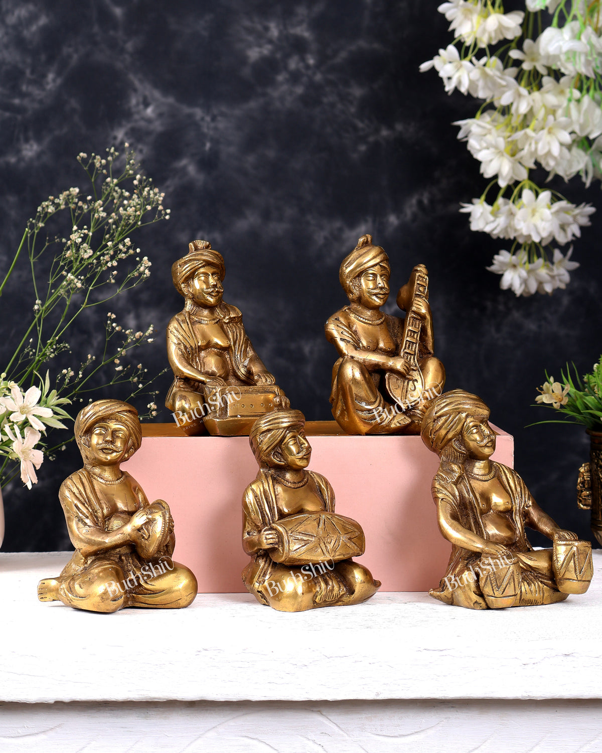Pure Brass Rajasthani Musicians – Set of 5 pcs matte gold