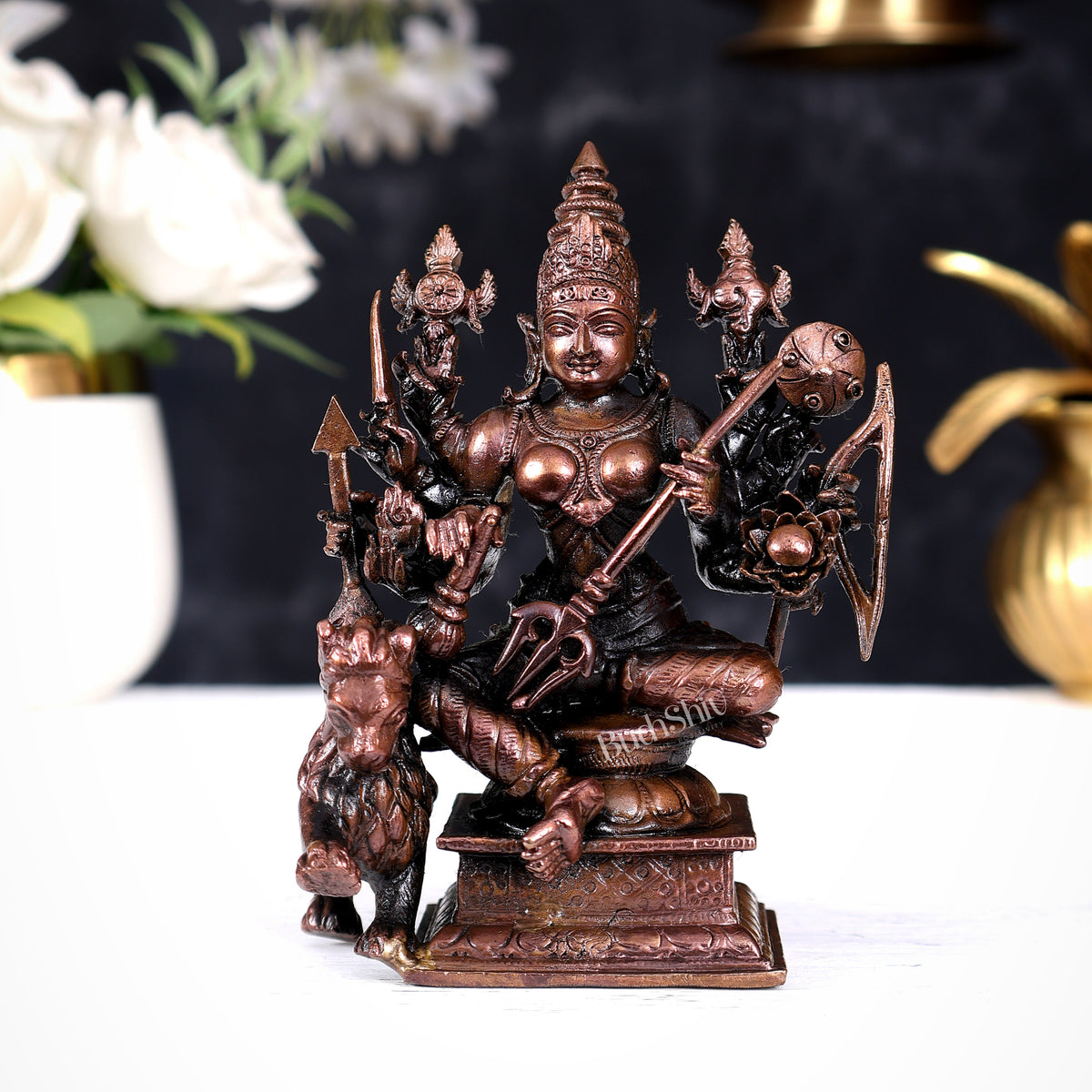 Pure Copper Goddess Shakti Durga Idol Seated with Lion — Dashabhuja 4.2 inch