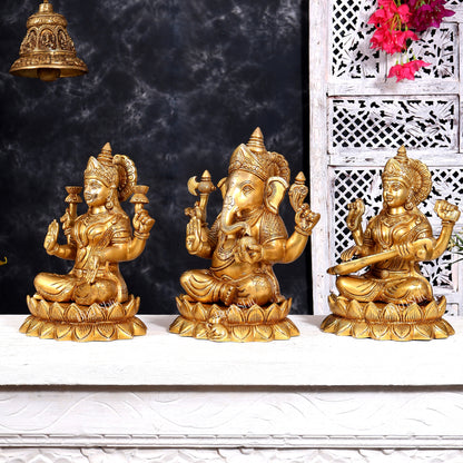 Brass Ganesha Lakshmi Saraswati on Lotus — Idol Set 10.5 inch