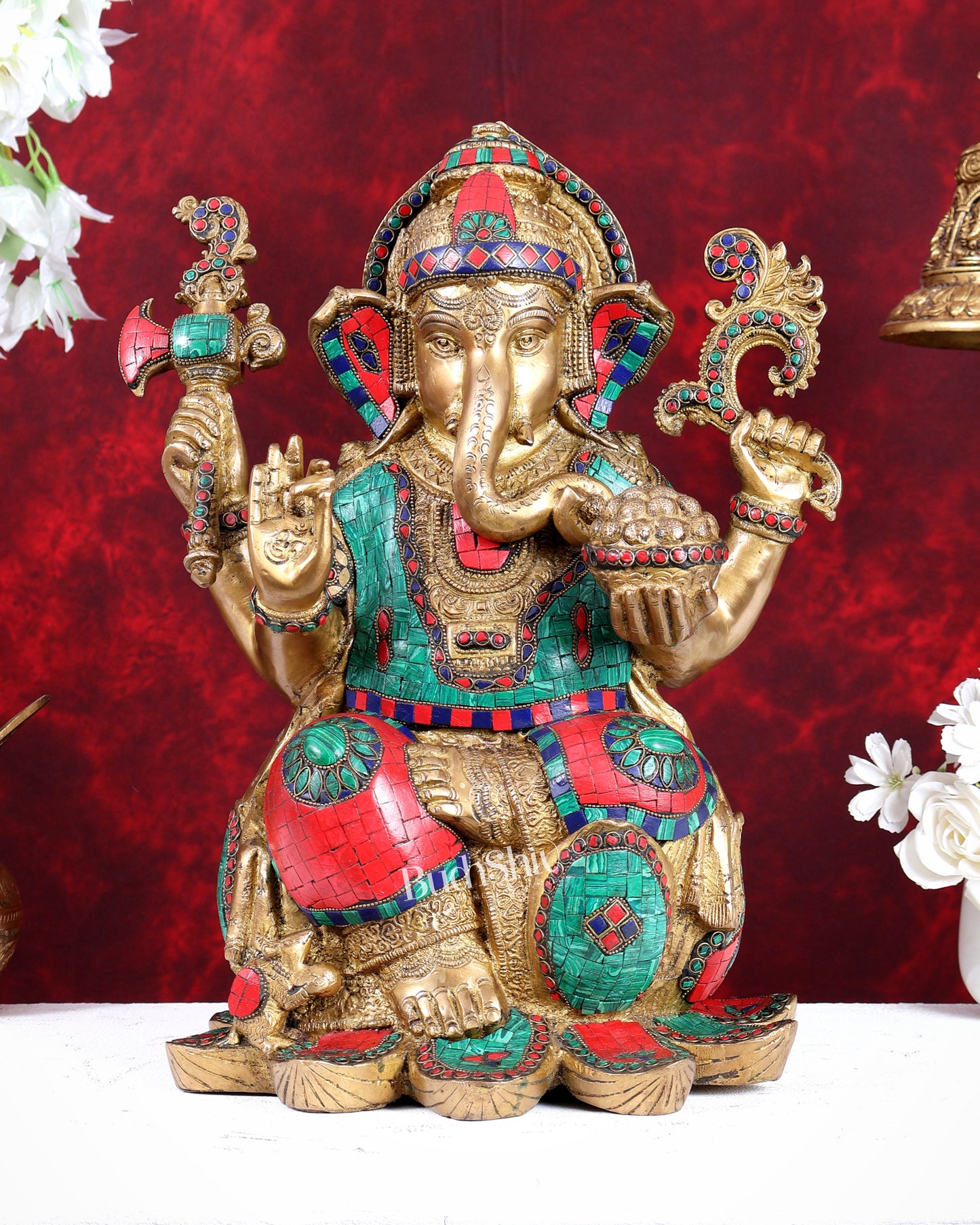 Unique brass Lord Ganesha on lotus large statue 16 inch with Stonework