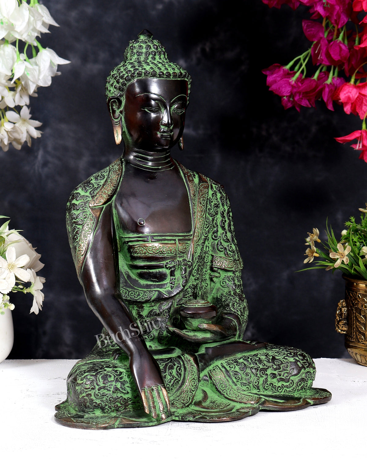 Pure Brass Buddha Statue — Black Green Sand Patina Tone 14 inch