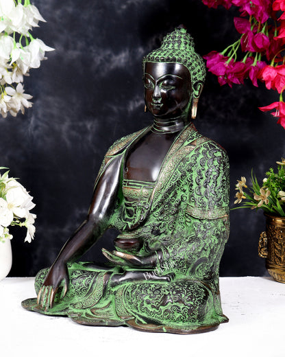 Pure Brass Buddha Statue — Black Green Sand Patina Tone 14 inch