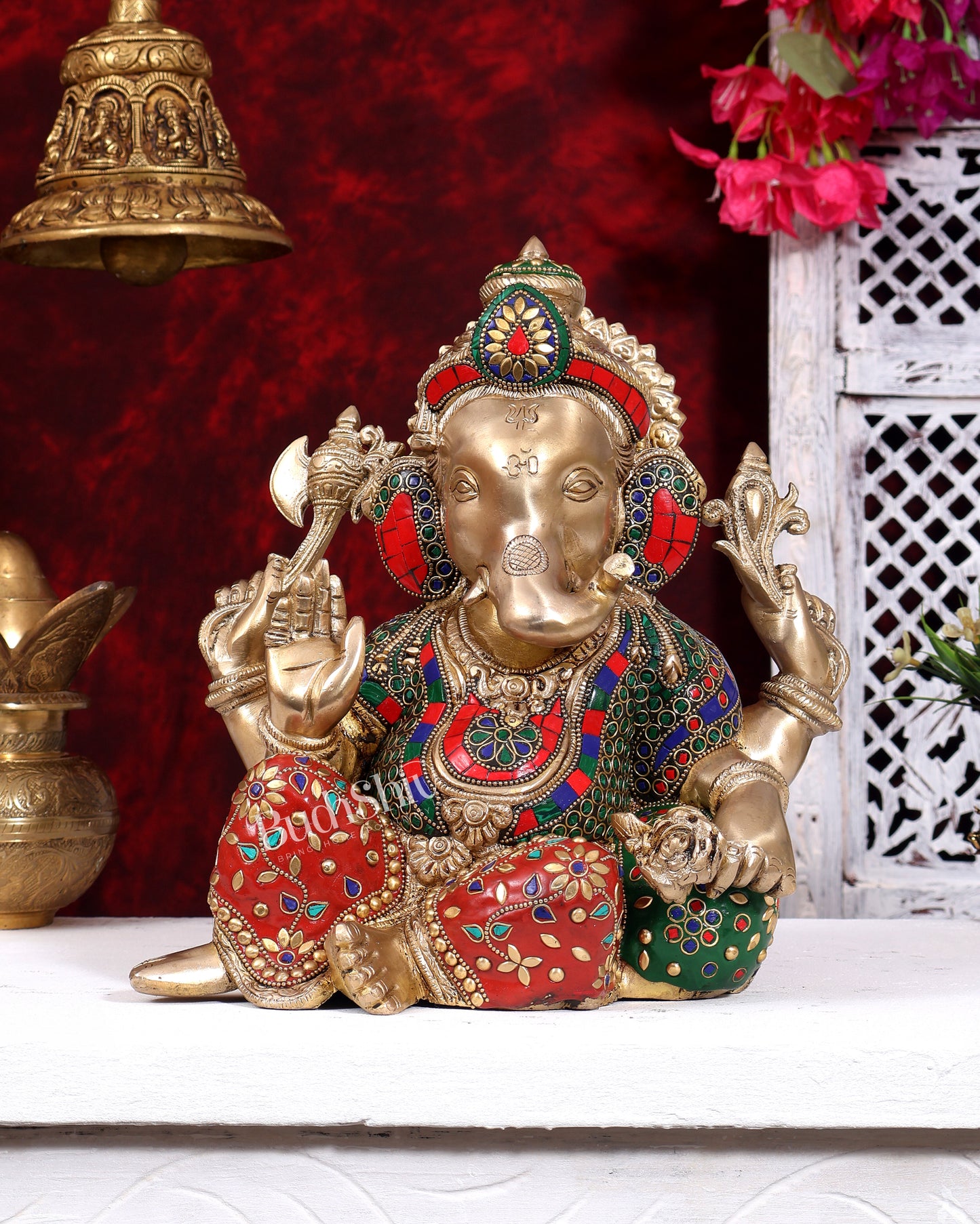 Brass Resting Ganesha Statue – Unique Relaxed Pose Divine Sculpture (11 Inch) with meenakari